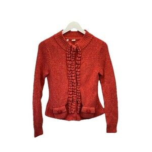 Anthropologie Moth Floating Spark Ruffle Front Knit Cardigan Sweater Small Coral